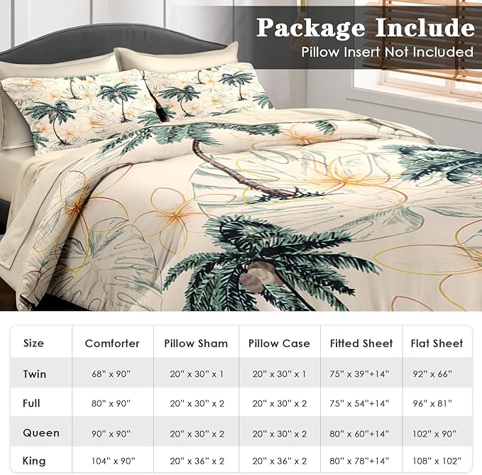 Comforter Set King Size, Tropical Botanical Palm Summer 7 Pcs Bedding for Kids and Adults, Hawaiian Coconut Tree Bed Sheet Sets with Fitted Sheet 2 Pillowcase & 2 Sham for Bedroom Bed Decor