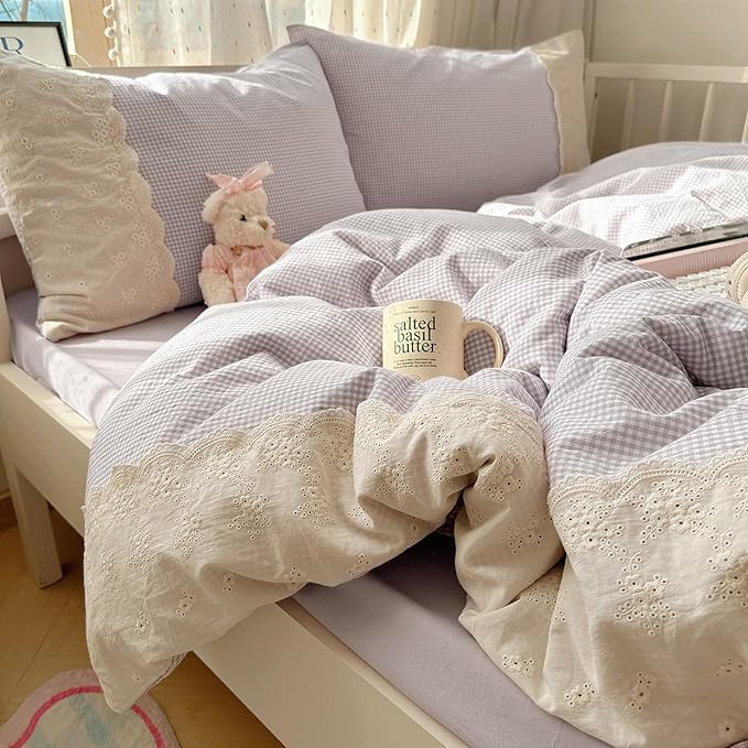 LifeTB Purple Gingham Comforter Set Full Size 3 Pieces Princess Lace Bedding Set Vintage Plaid Checkered Comforter with 2 Pillowcases Cozy Soft Breathable Purple Grid Comforter Set for Girls Teens
