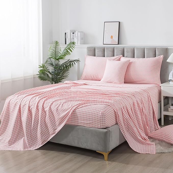 FADFAY Pink Plaid Twin Extro Long Size Sheets 100% Cotton Geometric Checker Bedding Teens Grid White Gingham Pattern College Bedding Deep Pocket Sheets with 2 Pillowcases Ultra Soft 4pcs, Twin XL Size