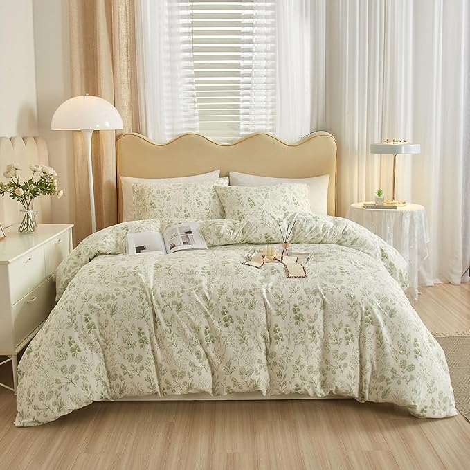 EAVD Reversible Botanical Floral Duvet Cover Queen Soft Cotton Chic Shabby Garden Green Floral Bedding Set with 2 Pillowcases Fresh Vintage Style Green Floral Comforter Cover with Zipper Closure