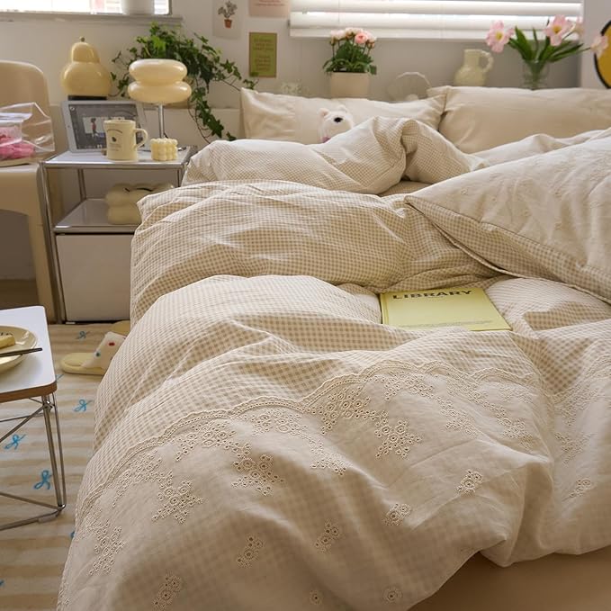 LifeTB Tan Gingham Comforter Set Full Romantic Lace Style Beige Taupe Plaid Comforter Set 3 Pieces Vintage Checkered Grid Comforter with 2 Pillowcases Fluffy Soft Farmhouse Gingham Bedding Set