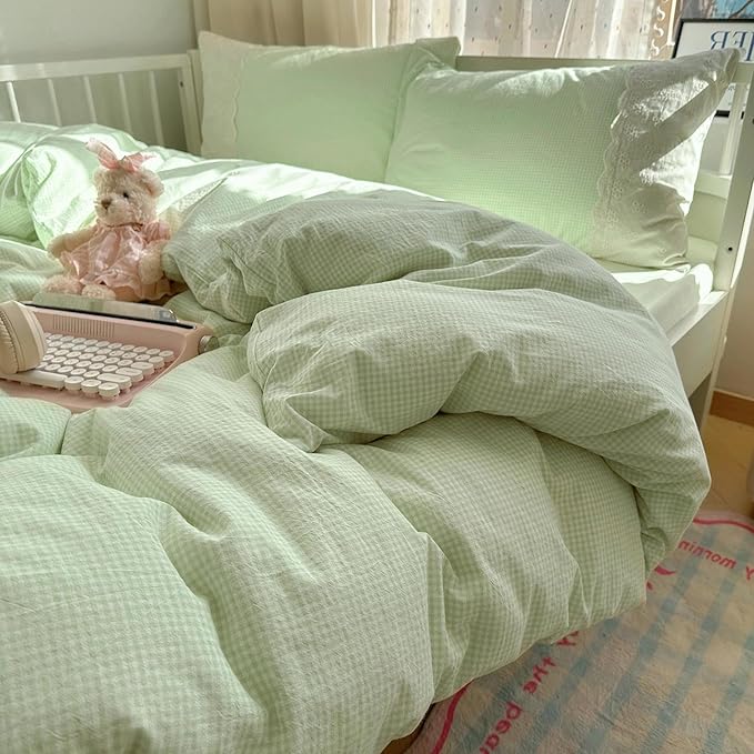 LifeTB Green Gingham Comforter Set Twin XL Romantic Lace Design Vintage Plaid Checkered Pattern Comforter with 2 Pillowcases Green Plaid Grid Bedding Comforter Set Fluffy Soft Gingham Bedding Set