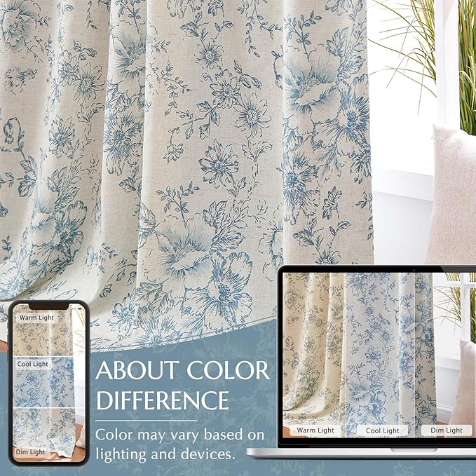 jinchan Blackout Linen Blend Curtain Floral Blackout Curtains for Living Room 84 Inch Length Blue Printed with Lined Blackout Curtain for Bedroom Farmhouse Curtains Set 2 Panels