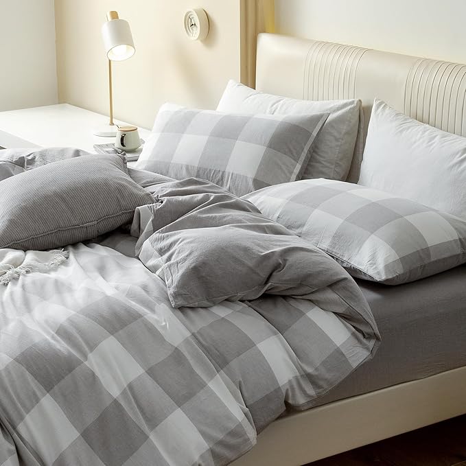 JIYUAN 100% Washed Cotton Duvet Cover Set 3 Pieces Queen, 1 Duvet Cover 90x90 Inches(Comforter Not Included) and 2 Pillowcases,Linen Feel Bedding Set Comfy and Breathable, Heathered Plaid Grey