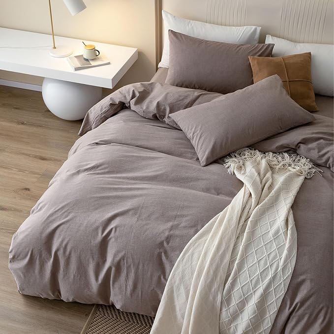 JIYUAN 100% Washed Cotton Duvet Cover Set 3 PCS Super King Plus, 1 Duvet Cover 120x120 Inches(Comforter Not Included) and 2 Pillowcases,Linen Like Comfy and Breathable, Heathered Mauve Brown
