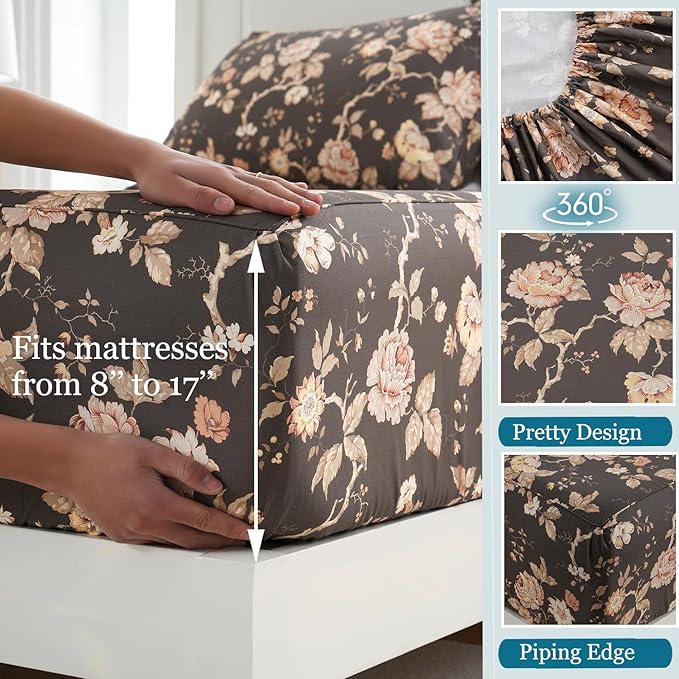 Zusbest Dark Brown Floral Bed Sheets Set - California King Percale Cotton Shabby Rustic Peony Flower Print Bed Sheets - Soft Breathable Mocha Classic Vintage Bedding 4 Pcs Deep Pockets Flower Sheets