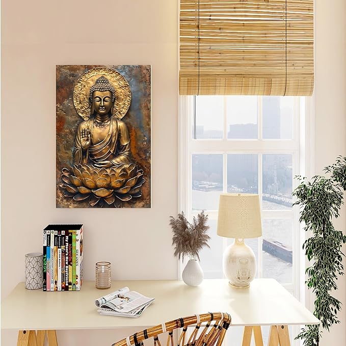 Buddha Wall Art Golden Buddha in Lotus Seat Serene spiritual statue radiant aura Meditation and mindfulness wall art suitable for sacred spaces 12x18in Wood Framed
