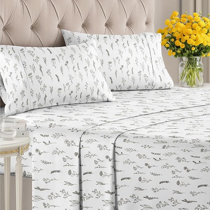 Floral Sheets - Black & White Floral Bed Sheet Set - 1 Flat, 1 Fitted & 2 Pillowcases w/ Deep Pockets - Comfy, Wrinkle & Fade Free - Boho Botanical Bedding - Soft, Breathable & Cooling - Full Size Set