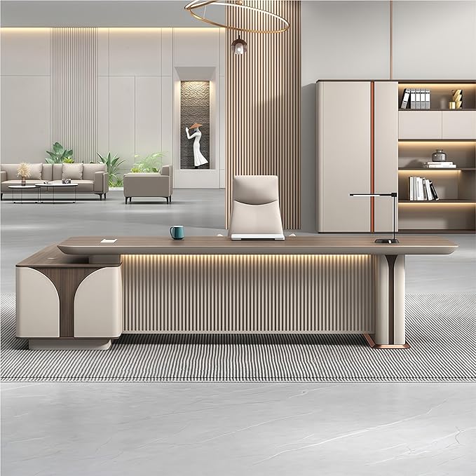 Modern L Shaped Desk, 118.1 inch Large Desk with Storage, Executive Desks for Home Office No Installation Required with Drawers and Lockable