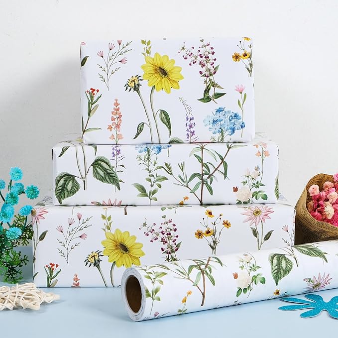 RayofSun Floral Wrapping Paper Roll 17 in x 16.5 ft Mini Roll Yellow Flower Wildflowers Plants Gift Wrap Paper for All Occasion Wedding Birthday Bridal Shower Party Baby Shower Christmas