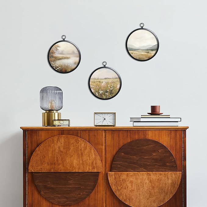 XIAOAIKA Vintage Wall Art with Metal Frame, Round Wood Print Featuring Misty Mountain View, Boho Wall Decor for Living Room, Bedroom, Kitchen, 10 Inch