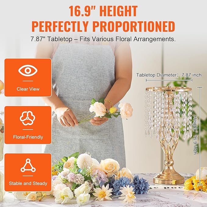 VEVOR 20PCS 43cm/16.9” Tall Crystal Wedding Flower Stand, Metal Wedding Centerpiece Vase, Gold Flower Holders Floral Display Rack for Tables Wedding Dinner Party, Ceremony Birthday Event Decor