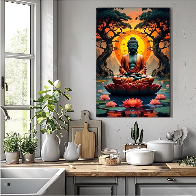 Canvas wall art Golden Buddha on lotus at sunset Ancient trees with reflections on water Serene meditation scene Uplifting wall art for mindfulness and tranquil home decor 8x12in Wood Framed