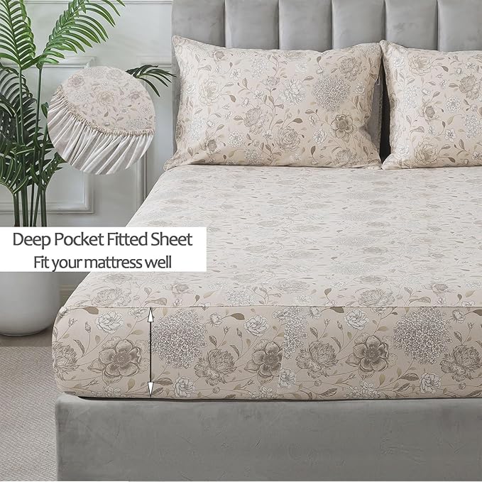 FADFAY Light Khaki Vintage Hydrangea Floral Queen Size Sheets Set 100% Brushed Cotton Shabby Peony Pattern Bedding Set Deep Pocket Sheets with 2 Pillowcases Luxury Daisy Breathable Soft 4pcs, Queen