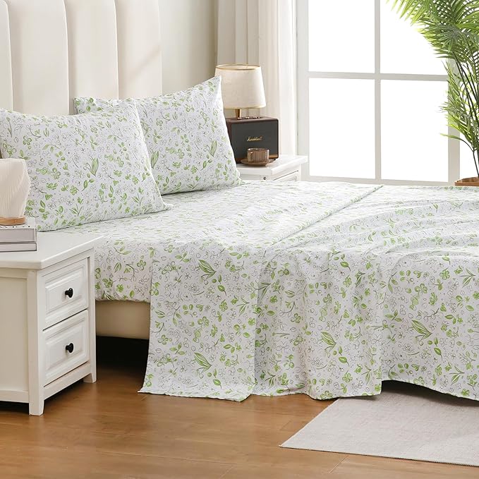 Bedlifes Twin Sheet Set Ultra Soft, Breathable, Silky Flower Deep Pocket 100% Microfiber Bedding, 3 Piece Twin Size Green Floral