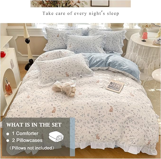 VM VOUGEMARKET Kids Comforter Set Full with Ruffles Botanical Rabbit Prints Bed Comforter with 2 Pillow Shams Lightweight Farmhouse Flower Quilt Set(3pcs,Full)