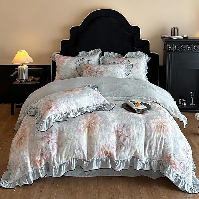 HighBuy College Girl Ruffle Duvet Cover Set Twin XL,Linen Cotton Comforter Cover Blue Floral Bedding Set Chic Cottagecore,Muslin Yarn-Dyed Textured Duvet Cover Set with Zipper,Breathable