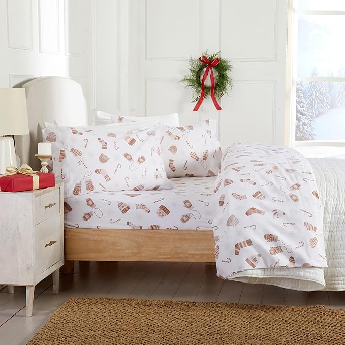 Market & Place 100% Cotton Twin Flannel Sheet Set | 3 Piece Deep Pocket Novelty Cozy Winter Bed Sheets | Double Brushed for Extra Softness & Comfort | Alpine Collection (Twin, Winter Mittens)