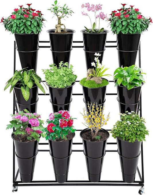 3 Layers Flower Display Stand with 12PCS Buckets Moving Fresh Flower Rack Metal Florist Bouquet Shelf with Wheels Flower Display Stand for Indoor Living Room Florist,39.3*19.6*43.3inch,Black