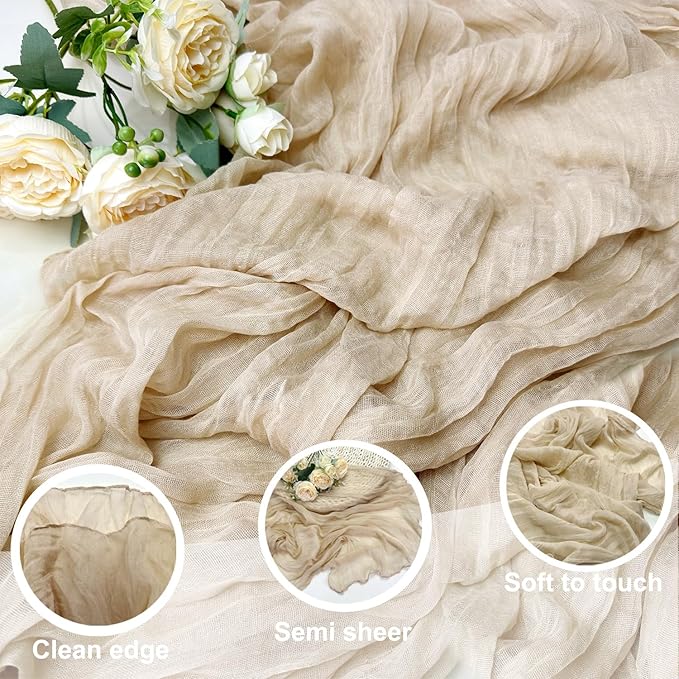 Booque Valley Beige Cheesecloth Table Runner 10ft Super Soft Boho Wrinkled Gauze Sheer Cloth for Baby Shower Baptism Birthday Party Wedding Centerpiece Table Decoration, 35x120 Inch