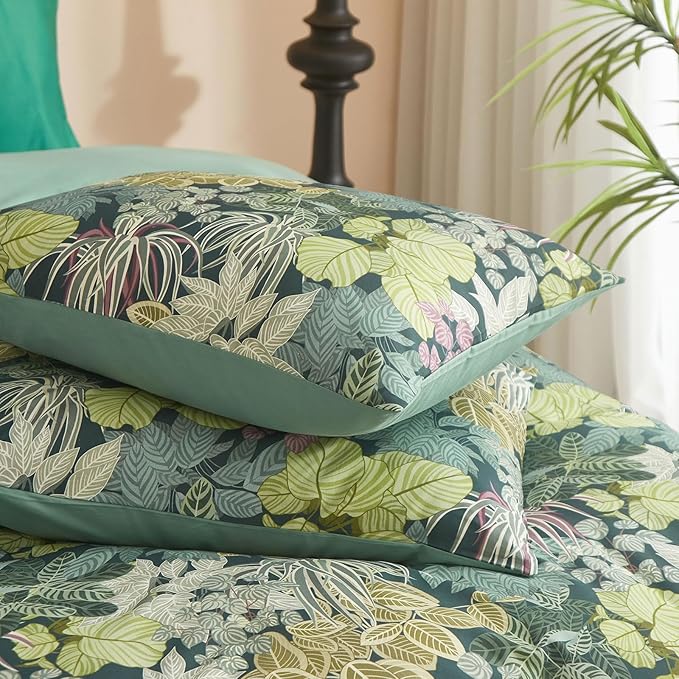 EAVD Tropical Leaves Duvet Cover King Soft Cotton Chic Plant Green Leaf Pattern Bedding Set with 2 Pillowcases Fresh Botanical Leaves Comforter Cover with Zipper Closure