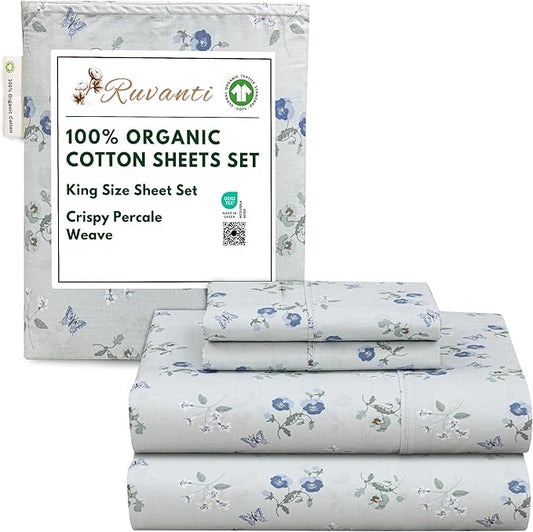 RUVANTI 100% Organic Cotton Sheets King Size, Percale Weave, GOTS Certified, 4-Piece Set, Deep Pocket 15", Crisp & Breathable, Soft Durable Bedding, Sábanas Algodón Orgánico – Butter Flight