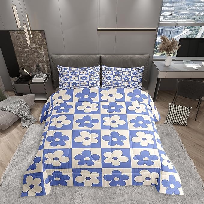 Castle Fairy Kids Cute Flowers Plaid Bedding Comforters King Size,Blue and Cream Floral Checked Comforter Set for Children Xmas Gift,Fashion Geometric Style Quilt Set Bedroom Decor, 2 Pillowcases