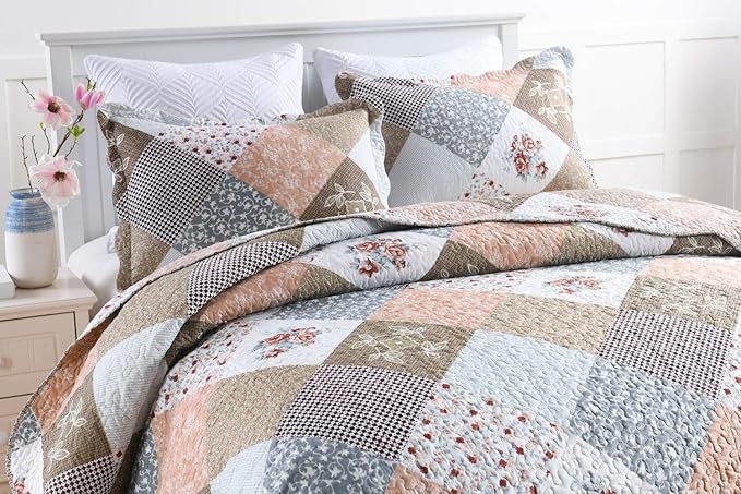 Travan 3-Piece Queen Quilt Set Quilted Bedspread Lightweight Reversible Coverlet Set Floral Printed Quilted Bedding Set with Shams for All Season, Brown Floral, Queen Size