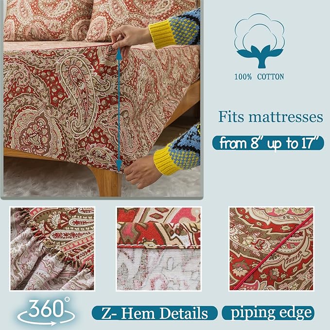 Zusbest Bed Sheet Sets Full Size 100% Cotton Burgundy Red Paisley Sheets Luxury Soft Breathable Crispy Cooling Percale Sheets 17.5 Inches Deep Pocket Bed Set, 4 Pieces