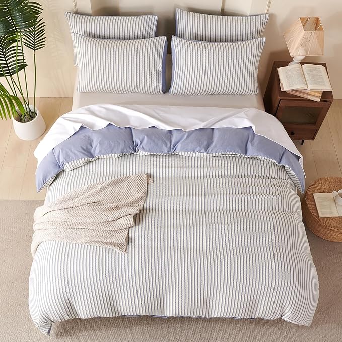 Striped Duvet Cover Queen Blue Washed Microfiber Jacquard 3 Pieces Bedding Set, White Blue Vertical Ticking Stripes Pattern Comforter Cover with Zipper Closure Breathable Durable Soft Comfy