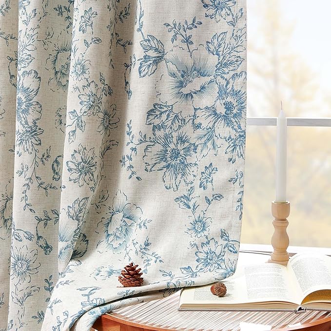 jinchan Blackout Linen Blend Curtain Floral Blackout Curtains for Living Room 96 Inch Length Blue Printed with Lined Blackout Curtain for Bedroom Farmhouse Curtains Set 2 Panels