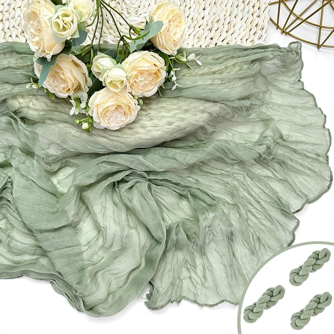 Booque Valley 3 Pack Sage Green Cheesecloth Table Runner 10ft Super Soft Boho Wrinkled Gauze Sheer Cloth for Baby Shower Baptism Birthday Party Wedding Centerpiece Table Decoration, 35x120 Inch