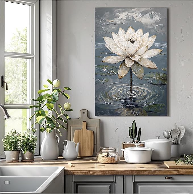 Stunning white lotus emerges from prismatic water with delicate petals background Serene aquatic wall art suitable for modern minimalist decor 8x12in Wood Framed