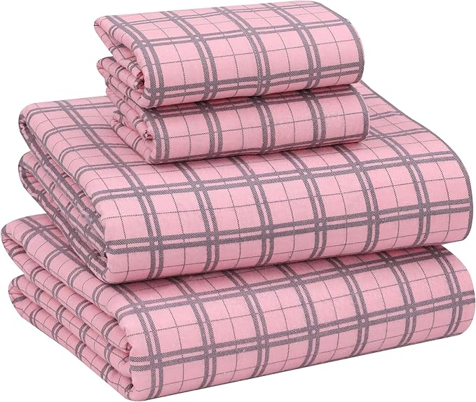 RUVANTI Flannel Sheets Full Size - 100% Cotton Double Brushed Bed Sheets Set, Deep Pockets 16 Inches, All Seasons Breathable & Extra Soft Full Sheets, Warm & Cozy, 4 Piece, Check & Bolt Pink