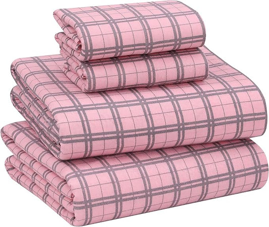 RUVANTI Flannel Sheets Queen Size - 100% Cotton Double Brushed Bed Sheets, Deep Pockets 16 Inches Queen Sheet Set, All Seasons Breathable & Extra Soft - Warm & Cozy, 4 Piece, Check & Bolt Pink