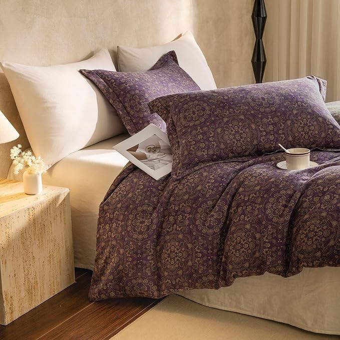 EAVD Soft 100% Cotton Muslin Yarn-Dyed Jacquard Textured Duvet Cover Queen Chic Shabby Purple Floral Duvet Cover with Zipper Closure Linen Like Gauze Floral Bedding Set with 2 Pillowcases