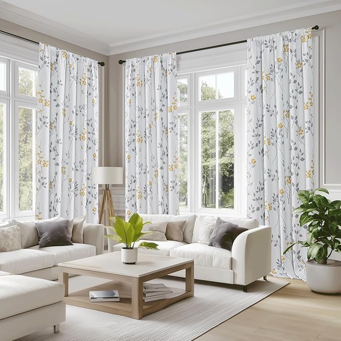Beauoop Floral 100% Blackout Curtains 84 Inches Long 2 Panels for Bedroom Living Room Yellow Grey and White Flower Patterned Room Darkening Thermal Soundproof Rod Pocket Back Tab Window Drapes, 52X84