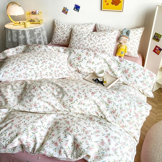 LifeTB Vintage Pink Floral Comforter Set Queen 3 Pieces Cute Pink Flower Bedding Comforter for Teen Girls Botanical Comforter Queen Floral Leaves Pattern Bedding Set Boho Farmhouse Bed Comforter Set