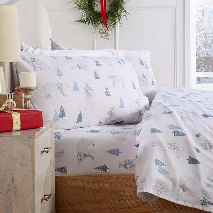 Market & Place 100% Turkish Cotton Flannel Sheet Set | 4 Piece Deep Pocket Novelty Cozy Winter Bed Sheets | Double Brushed for Extra Softness & Comfort | Alpine Collection (King, Polar Bears)