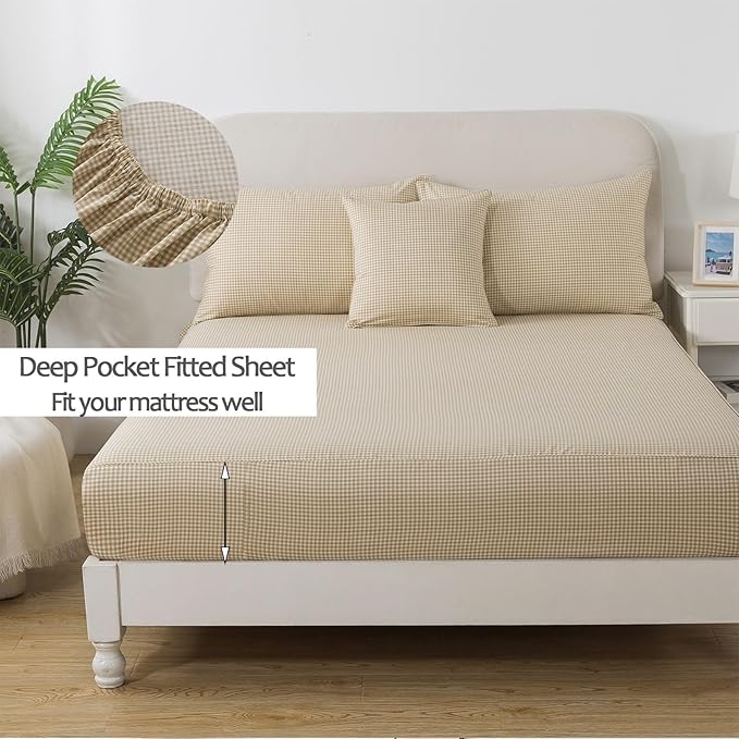 FADFAY Brown Plaid Twin Size Sheets 100% Cotton Geometric Checker Bedding Teens Grid White Gingham Pattern College Bedding Deep Pocket Sheets with 2 Pillowcases Ultra Soft 4pcs, Twin Size