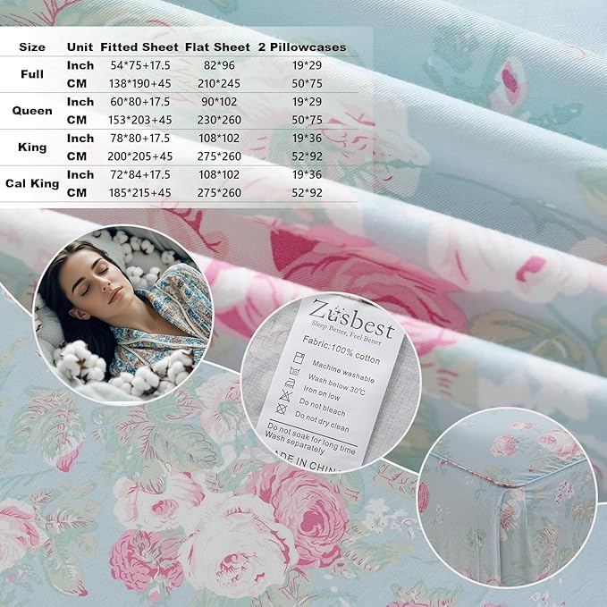 Zusbest Blue Floral Sheets Set California King 100% Cotton Pink Flowers Bed Sheet Shabby Vintage Chic Bedding Romantic Pastoral Original Design Soft Luxury Deep Pocket Fitted Sheet 17.5'', 4 Pcs