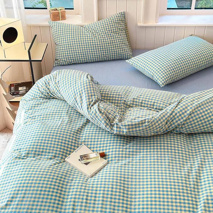 LifeTB Gingham Comforter Set Full Modern Style Blue Yellow Plaid Grid Bed Comforter 3 Pieces Soft Fluffy Checkered Pattern Comforter with 2 Pillowcases Farmhouse Gingham Bedding Set Breathable