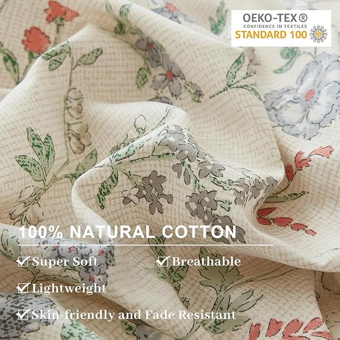 EAVD Chic Garden Floral Duvet Cover Full Beige Soft 100% Cotton Cute Colorful Floral Aesthetic Bedding Set with 2 Pillowcases Fresh Reversible Botanical Duvet Cover with Zipper Closure