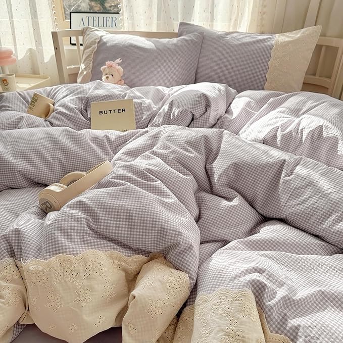 LifeTB Purple Gingham Comforter Set King 3 Pieces Purple Grid Bedding Comforter with Romantic White Lace Fluffy Soft Microfiber Farmhouse Gingham Bedding Set Vintage Plaid Checkered Comforter Set