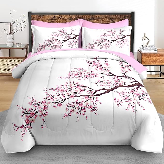 Comforter Set Full Size, Japanese Cherry Blossom 7 Pcs Bedding for Kids and Adults, Flower Painting Pink Bed Sheet Sets with Fitted Sheet 2 Pillowcase & 2 Sham for Bedroom Bed Decor