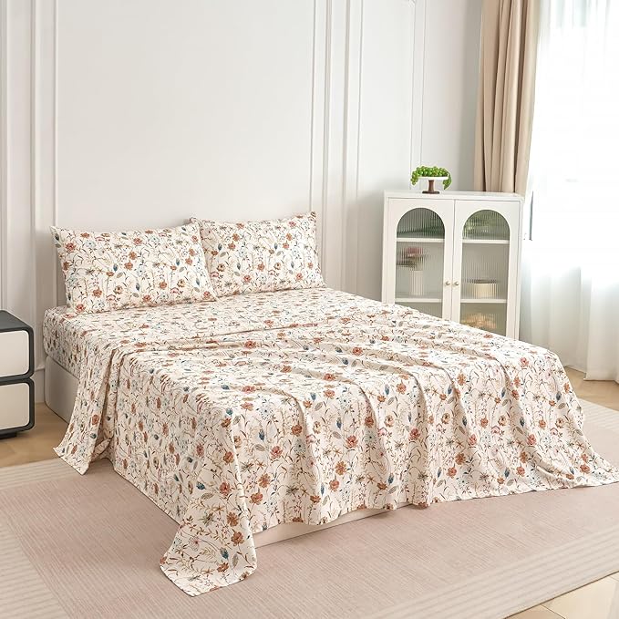 Zusbest Full Sheets Set 100% Percale Cotton - Boho Floral Botanical Printed Bedding with Deep Pocket 17.5'', Vintage Burnt Orange & Teal Design, 4-Piece Soft Breathable Sheets