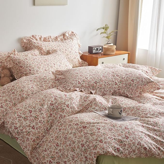 VM VOUGEMARKET Full Comforter Set Girls Pink Red Floral Bedding Comforter with 2 Pillow Shams Soft Comfy Comforter Set for All Seasons-68x90 Inch