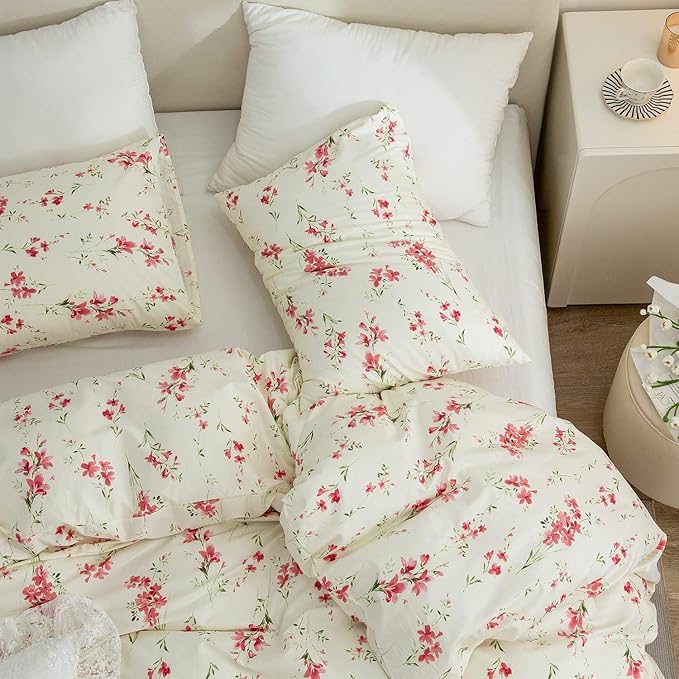 VM VOUGEMARKET Vintage Pink Flower Comforter Set Full Soft Cream Comforter Chic Floral Printed Bedding Set Vintage Botanical Comforter Set for Teen Girls 80x90 Inch