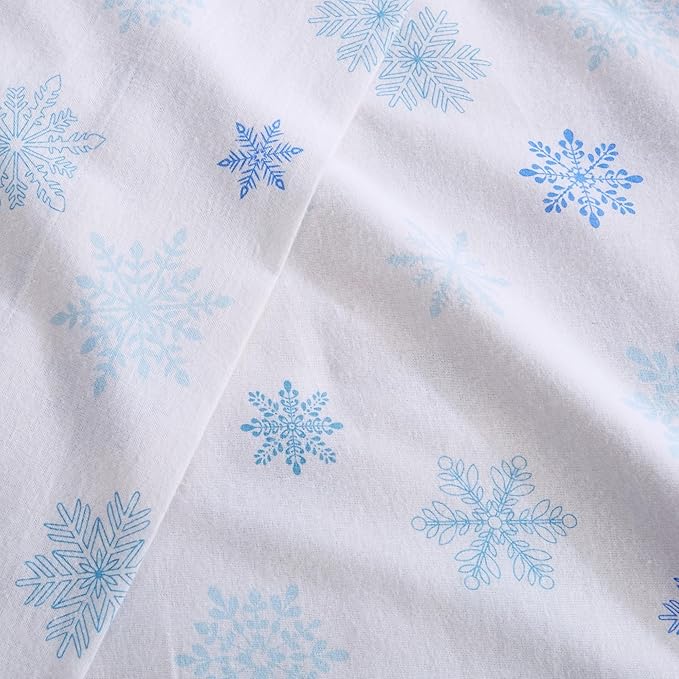 Market & Place 100% Turkish Cotton Flannel Sheet Set | 4 Piece Deep Pocket Novelty Cozy Winter Bed Sheets | Double Brushed for Extra Softness & Comfort | Alpine Collection (Queen, Blue Snowflake)