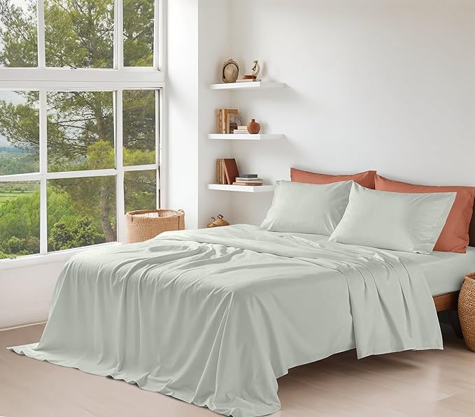 RUVANTI 100% Organic Cotton Sheets Full Size, Percale Weave, GOTS Certified, 4-Piece Set, Deep Pocket 15", Crisp & Breathable, Soft Durable Bedding, Sábanas Algodón Orgánico – Mineral Gray